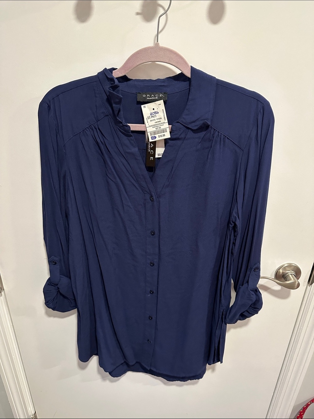 Grace Elements Deep Navy Ruffle-Collar Button Down Blouse